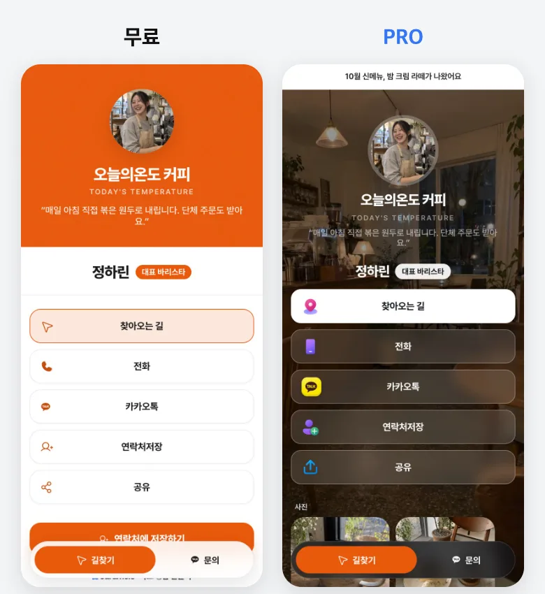 같은 카페 명함을 무료와 PRO로 나란히 놓은 그림. 무료는 기본 테마와 버튼 5개, PRO는 사진 배경 테마와 컬러 아이콘·상단 안내 띠·사진 블록